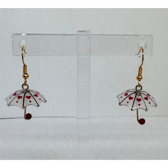New Indio Jewelry Ladies Lucite Red Heart Umbrella 10kt Earrings #2057 - Picture 2 of 4